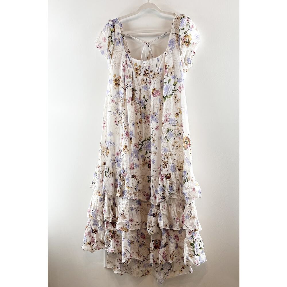 Anthropologie Tiered Ruffle Hem Floral Cap Sleeve Maxi Dress White 1X - Picture 7 of 9